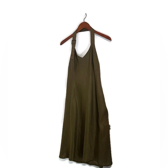 Promos Linen blend halter dress in olive green, size Large, slight A-line. - Picture 1 of 13